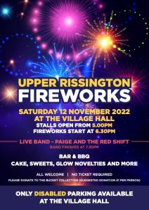 Poster for the Upper Rissington Fireworks on Saturday 12 November 2022.