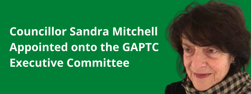 Headshot of Sandra Mitchell against a green background with the text 'Councillor Sandra Mitchell Appointed onto the GAPTC Executive Committee'
