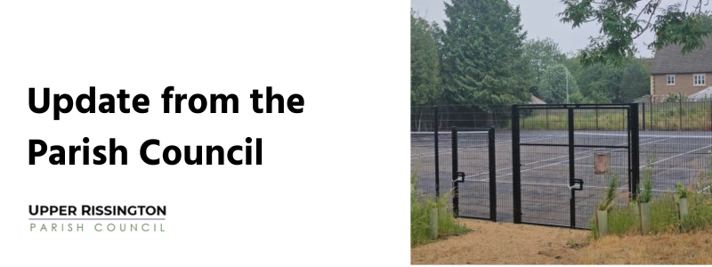 Update from the Parish Council featuring a photo of the gates to the Tennis Courts