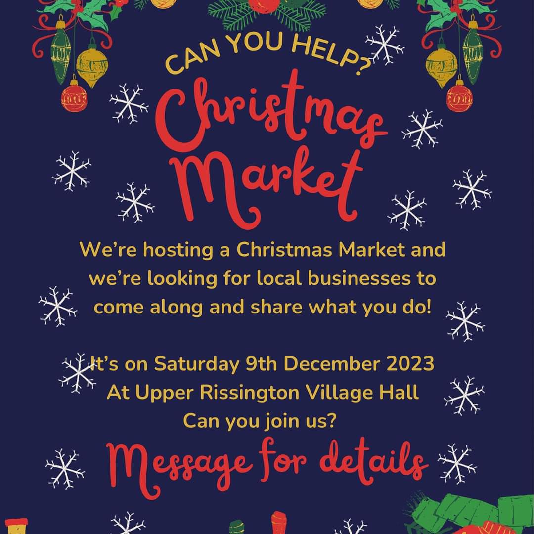 Poster promoting the Christmas Market in Upper Rissington, calling for stall holders.